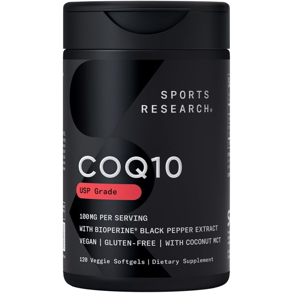 Sports Research CoQ10 100mg front view bottle containing 120 vegan softgels for high absorption dietary support.