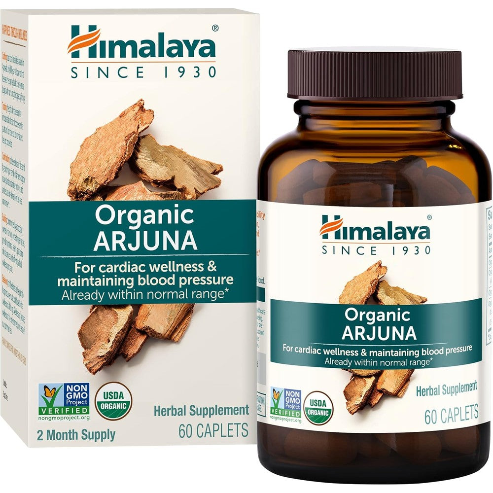 Himalaya Organic Arjuna 60 caplets bottle front view showing USDA Organic seal for authentic heart health support