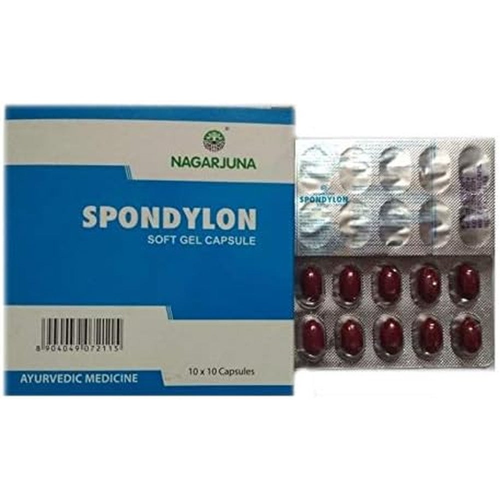 Nagarjuna Herbal Concentrate Spondylon Soft Gel Capsules Pack of 2 front view for cervical pain relief