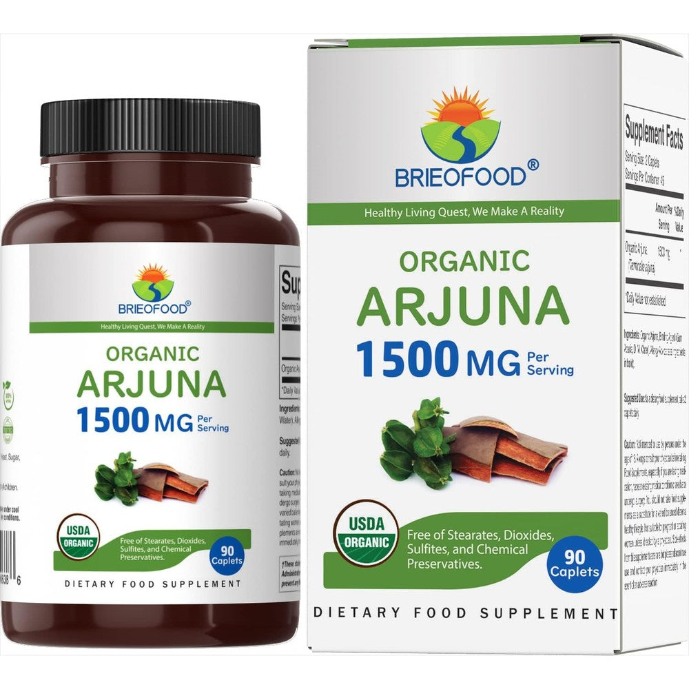 Brieofood Organic Arjuna 1500mg 90 tablets front bottle view for heart support