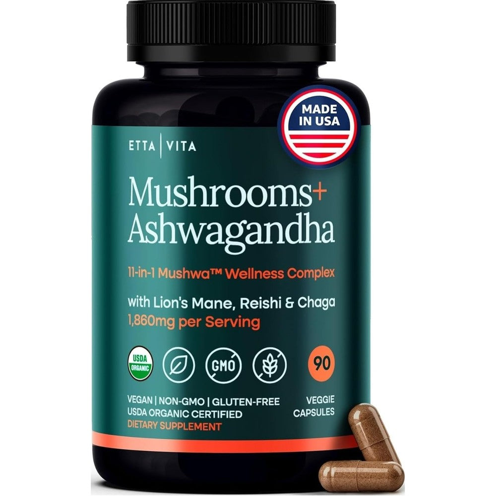 Etta Vita Organic Lion's Mane and Ashwagandha Complex 90 veggie capsules bottle front view