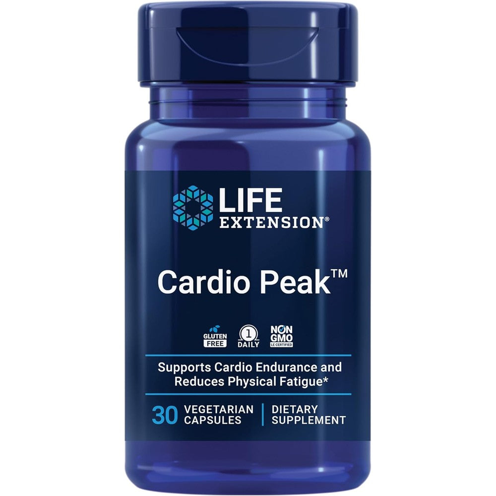 Life Extension Cardio Peak 30 vegetarian capsules front view showing heart health supplement packaging.