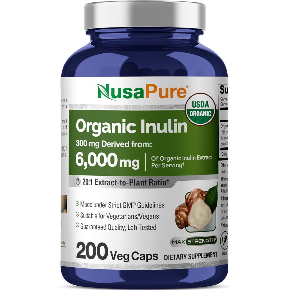 NusaPure Organic Inulin Capsules 200 count front label view prebiotic supplement