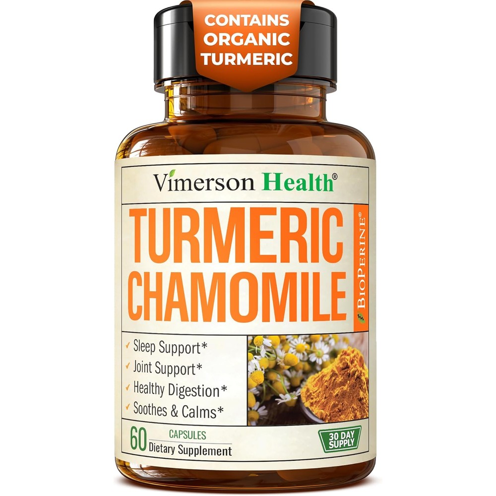 Vimerson Health Turmeric and Chamomile Sleep Support bottle front view showing capsule count
