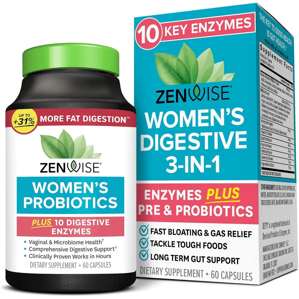 Zenwise Health 3-in-1 Women's Probiotic 60 count front bottle view for digestive health.