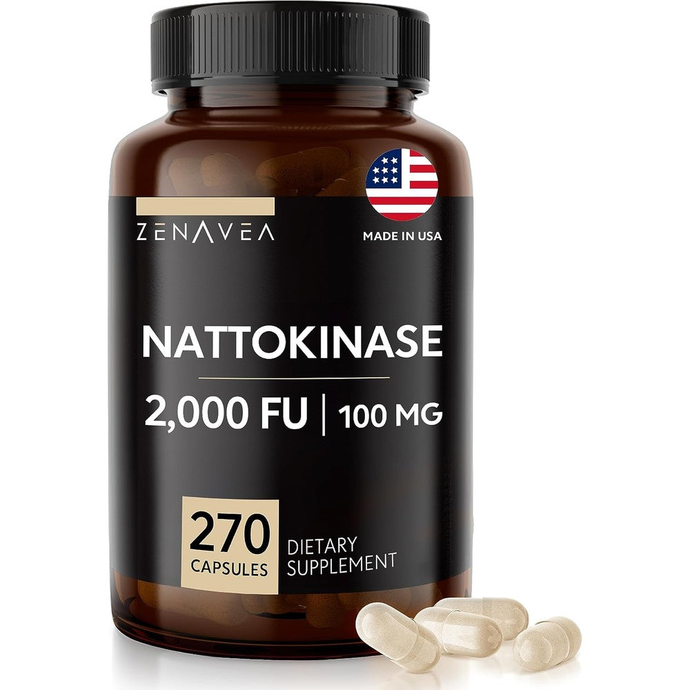 Zenavea Nattokinase supplement bottle front view showcasing cardiovascular health benefits.