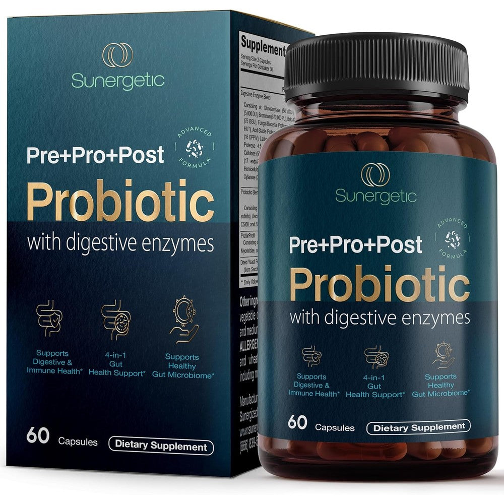 Sunergetic 4-in-1 Probiotic 60 capsules front view bottle for premium gut health