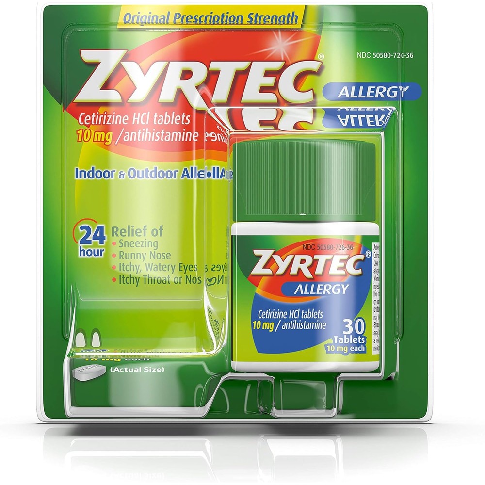 Zyrtec 24 Hour Allergy Relief Tablets front view authentic USA imported antihistamine.