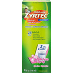Zyrtec Childrens Allergy Relief Syrup front view 4 ounce bottle for pediatric allergy care.