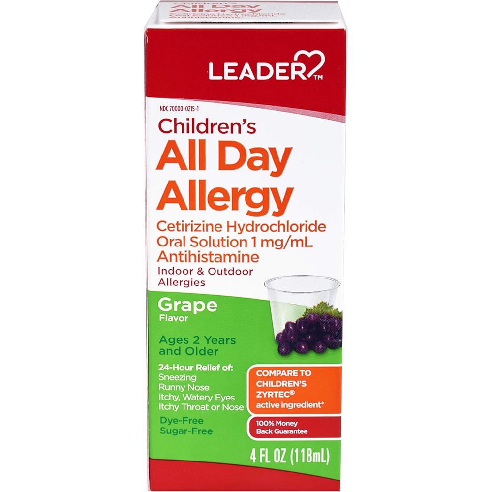 Leader Children's 24 Hour Allergy Relief bottle front view pediatric antihistamine