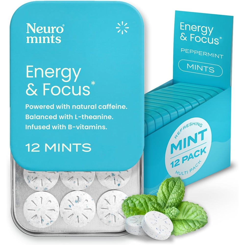 NeuroGum Energy Focus Peppermint Mints front view showing portable tin.