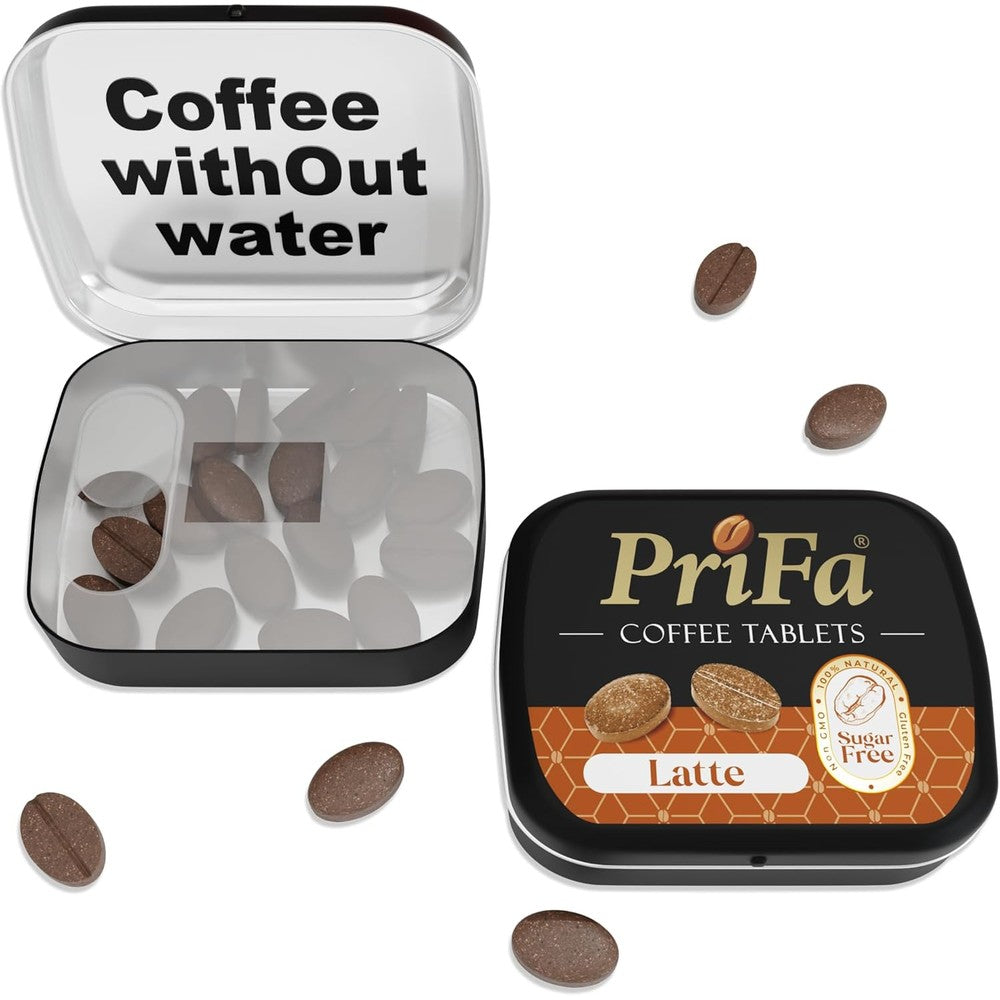 Prifa Coffee Tablets Latte front view portable tin pocket coffee