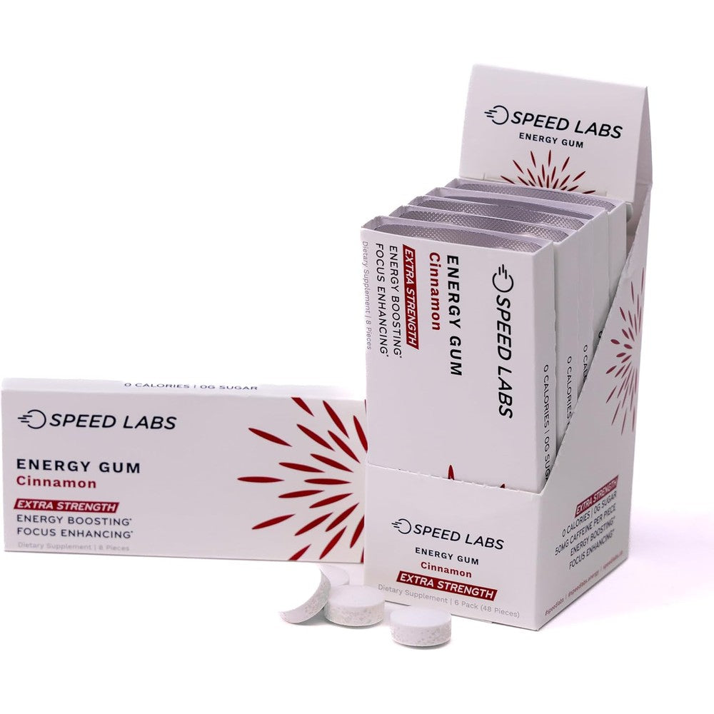 Speed Labs Cinnamon Extra Strength Energy Gum front packaging view for fast-acting caffeine boost.