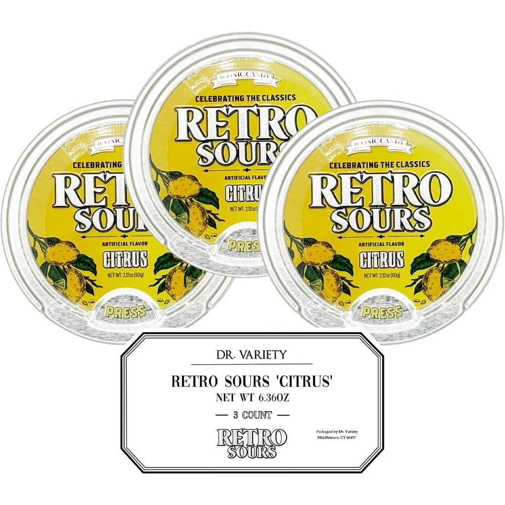 Dr. Variety Retro Sours Citrus Lemon Candy 3-Pack front view of nostalgic yellow tins.
