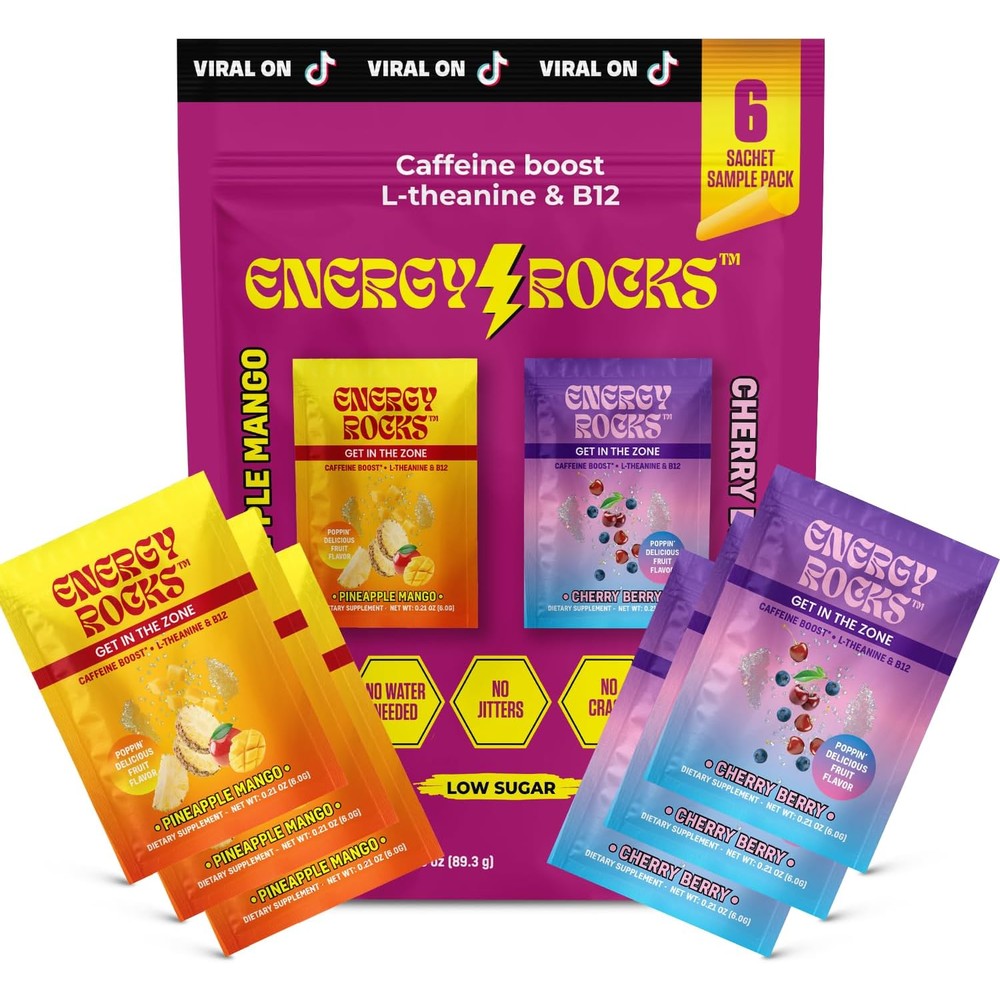 Energy Rocks Popping Candy Crystals front packaging 6 pack for fast energy.