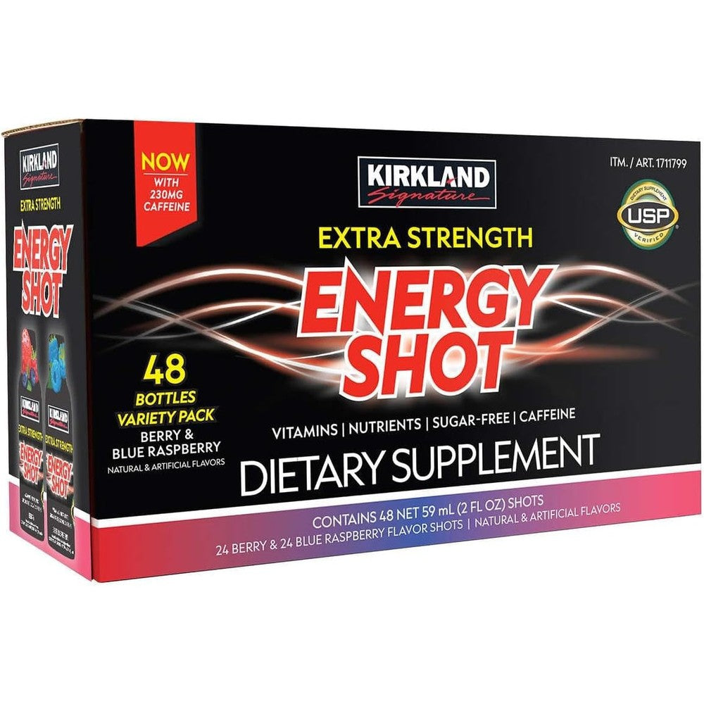 Kirkland Signature Extra Strength Energy Shot 48 count variety pack front view for instant energy.