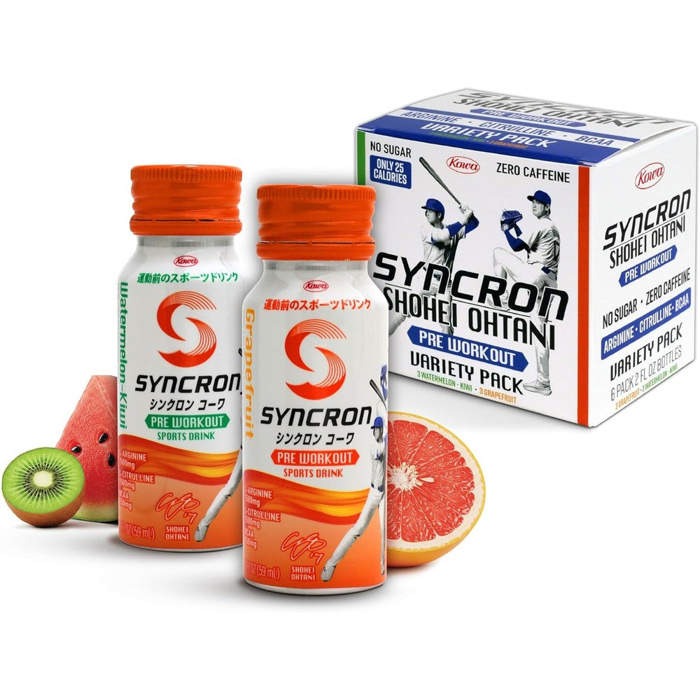 Syncron Pre Workout Sports Drink front view of variety pack energy shots.