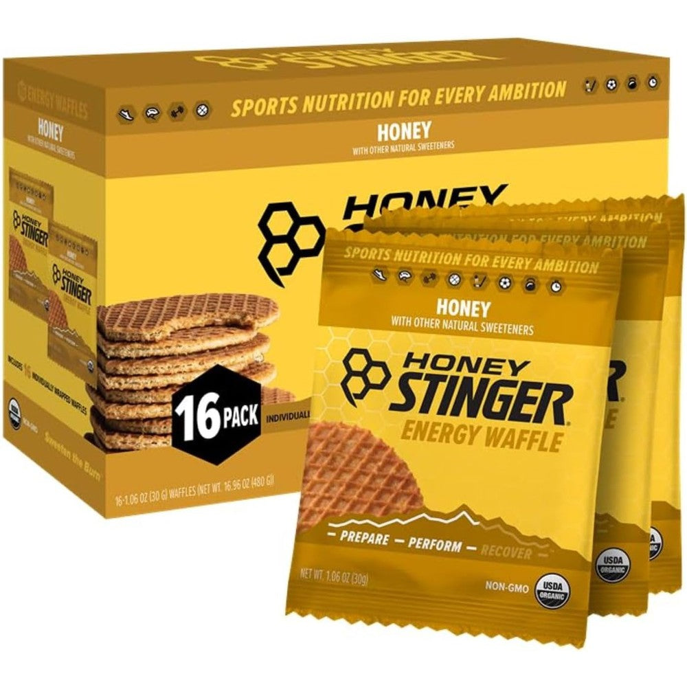Honey Stinger Organic energy honey Waffle 16 pack box front view showing USDA Organic seal.