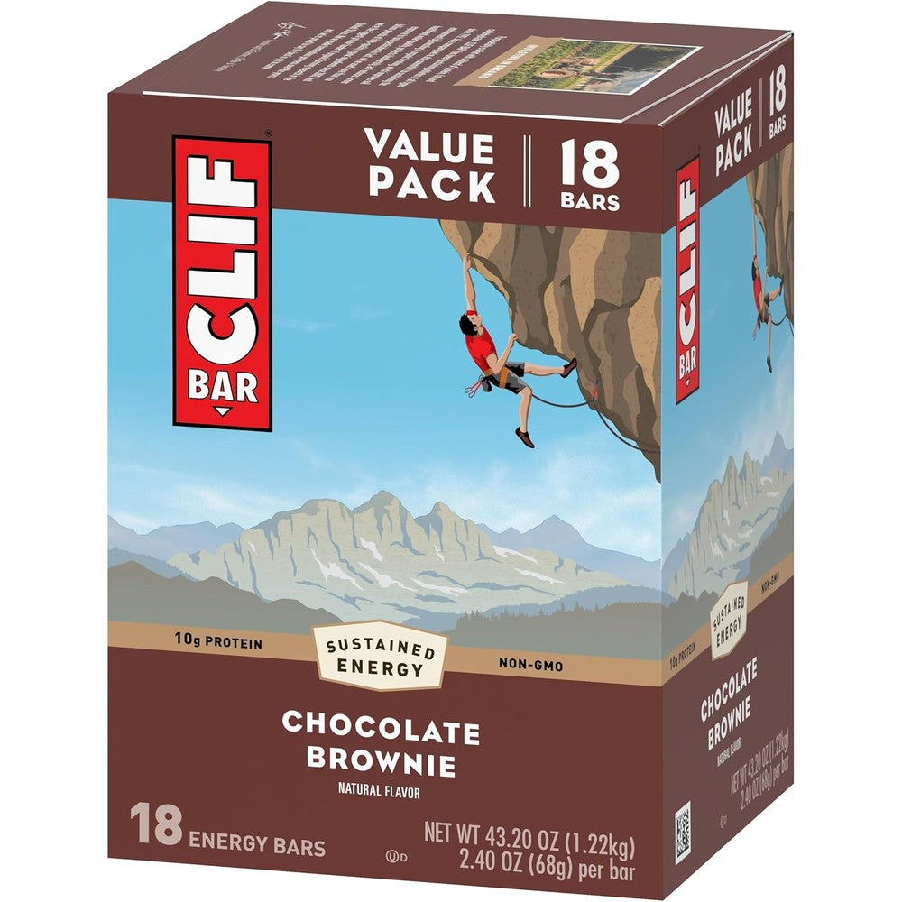 CLIF Bar Chocolate Brownie Energy Bars 18 pack front view display