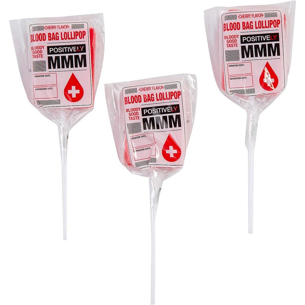 Fun Express Blood Bag Character Lollipops 30 count front view Halloween candy.