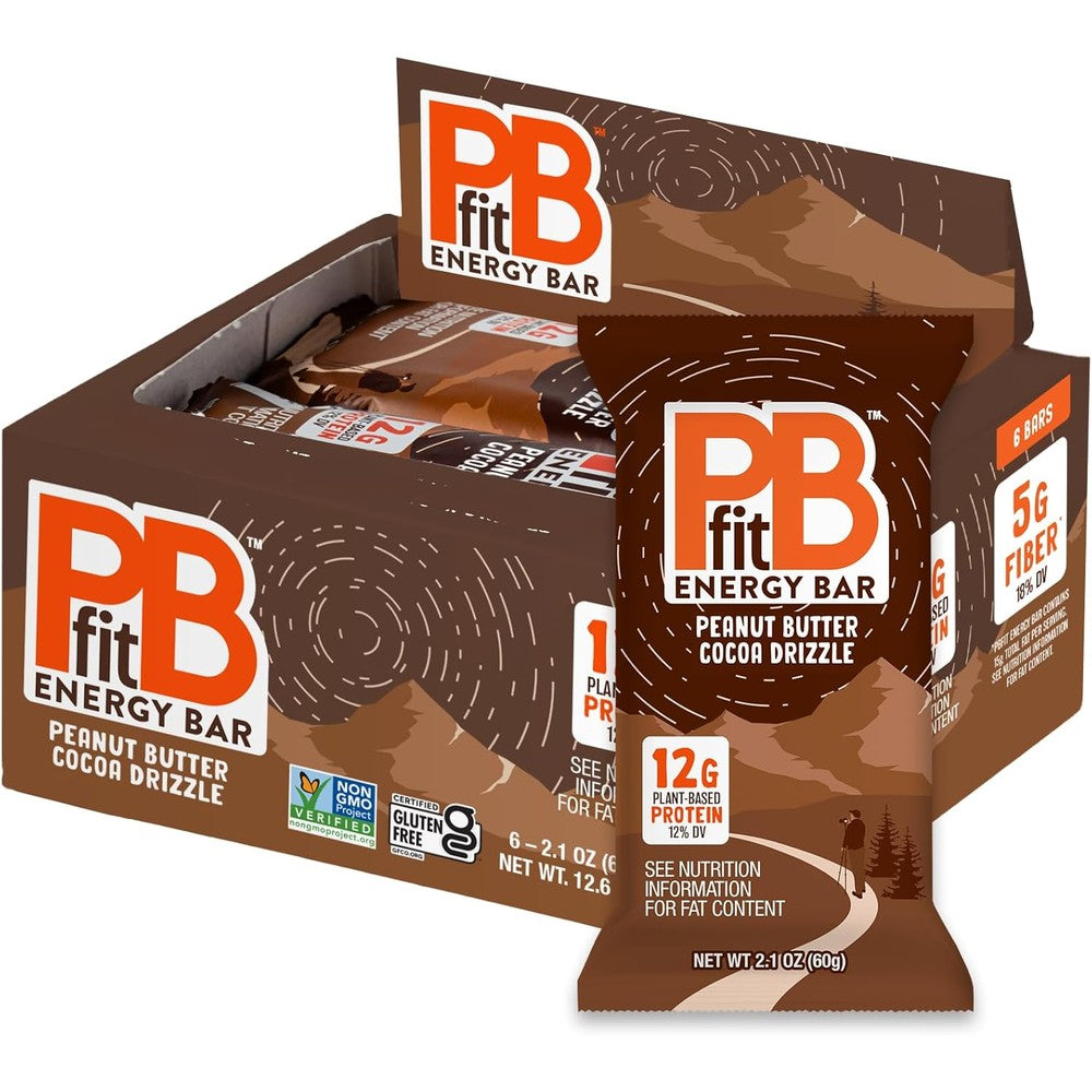 PBfit Peanut Butter Cocoa Drizzle Energy Bars 6 pack front view plant based snack