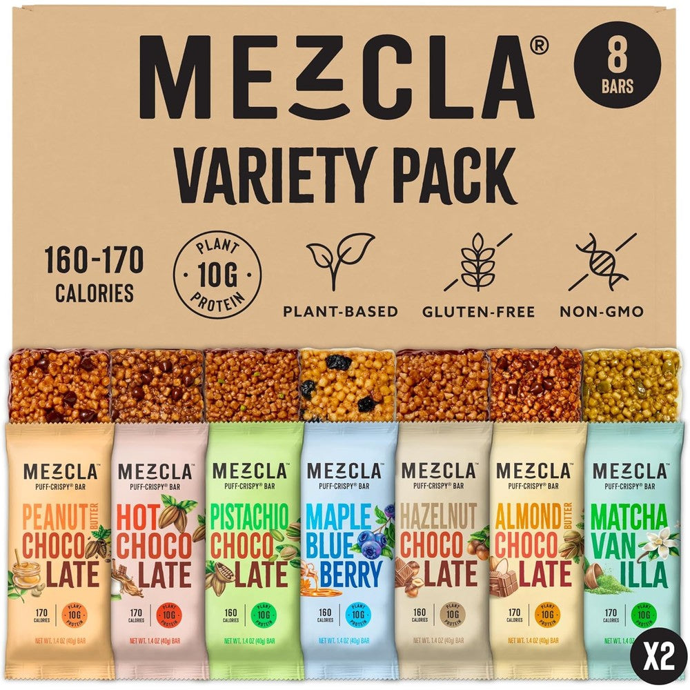 Mezcla Puff Crispy Protein Bars variety pack front view showing 8 count box