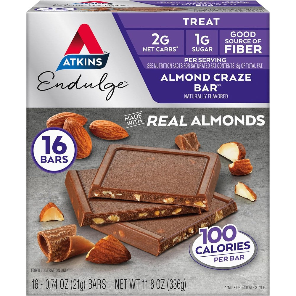 Atkins Endulge Almond Craze Bar 16 Count box front view for keto snacking.