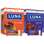 Luna Bar Variety Pack front view showing chocolate cupcake and nutz over chocolate boxes.