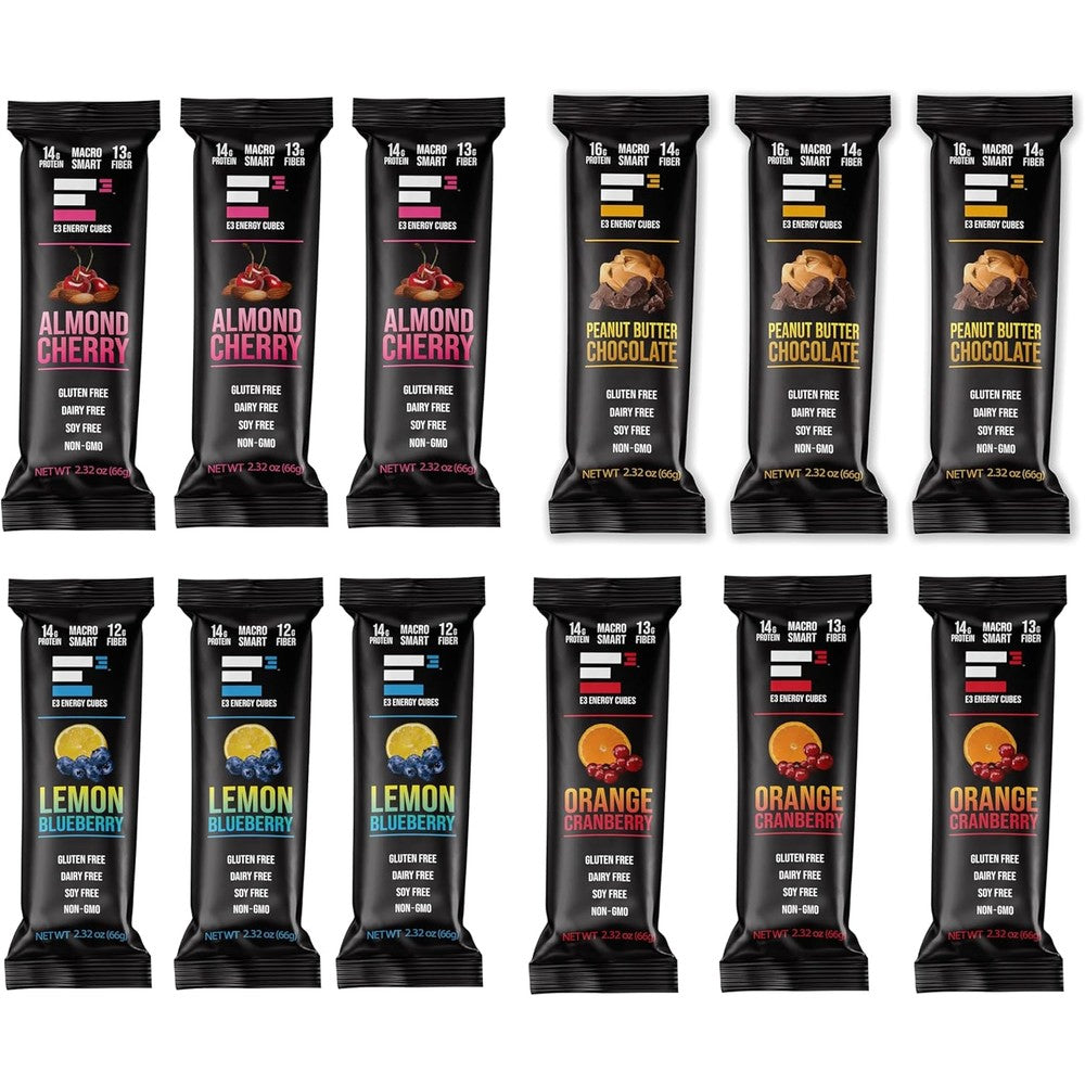 E3 Energy Cubes Original Variety Pack front view showing 12 protein bars.