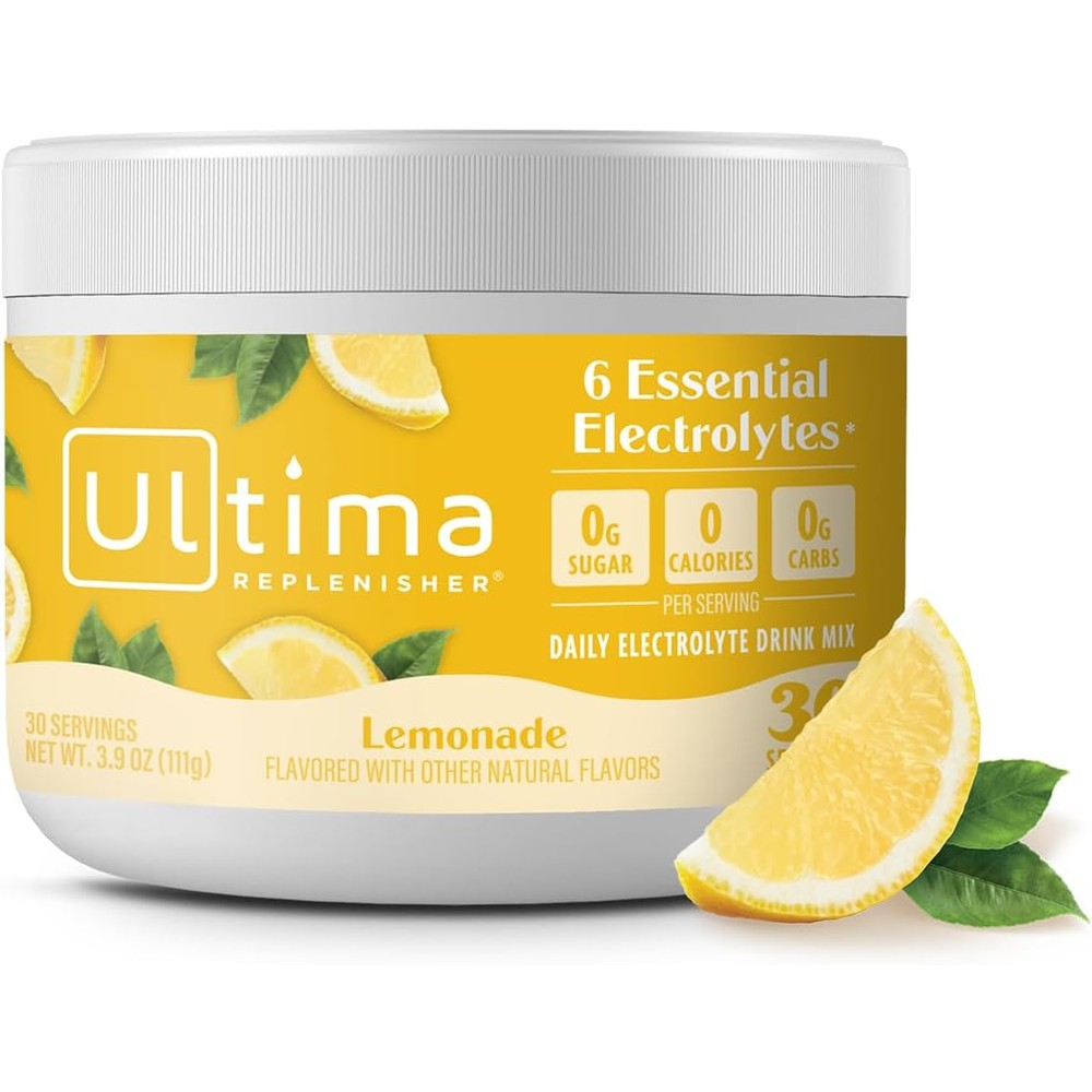 Ultima Replenisher daily electrolyte powder lemonade front view canister