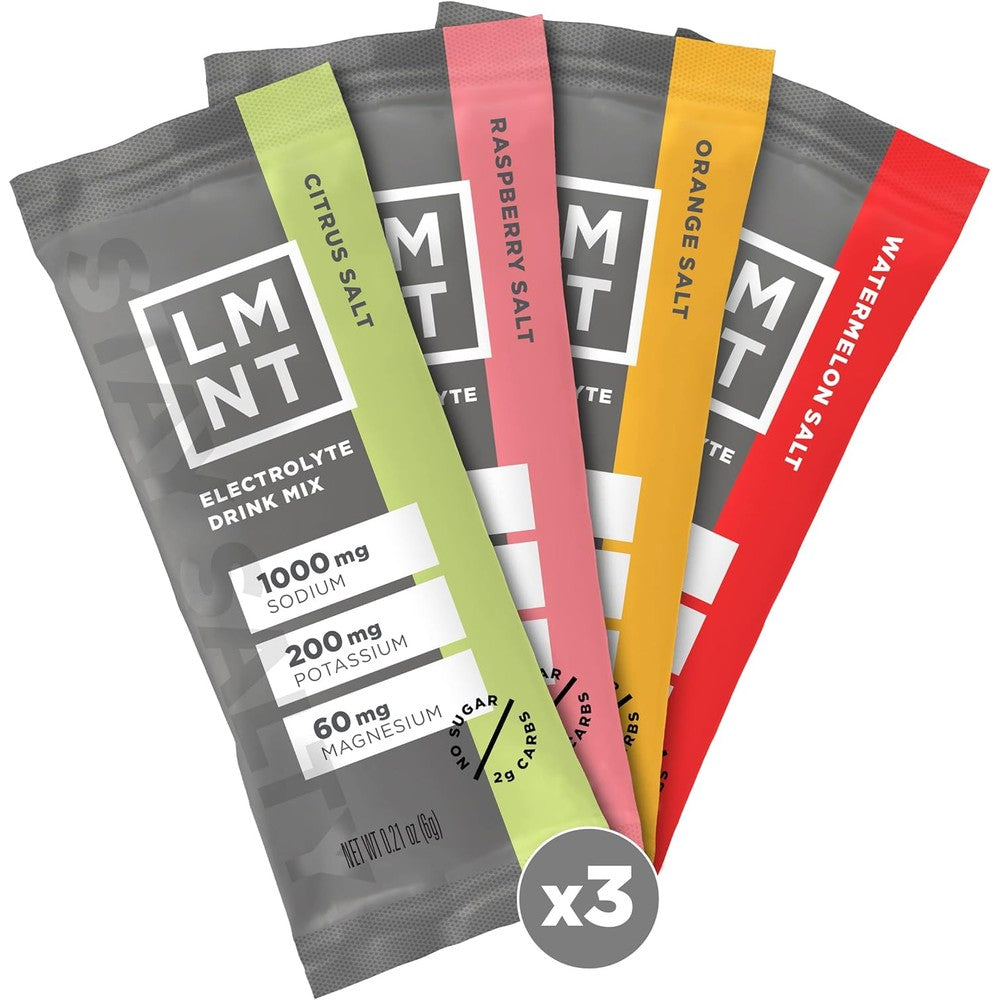 Drink LMNT zero sugar electrolytes variety pack front view showing 12 stick packs for hydration