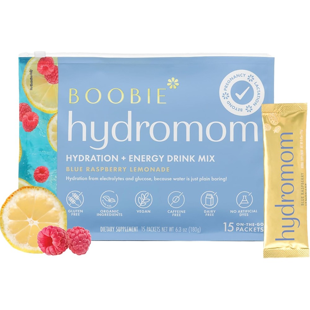 Boobie Brands hydromom blue raspberry lemonade front pouch view pregnancy hydration