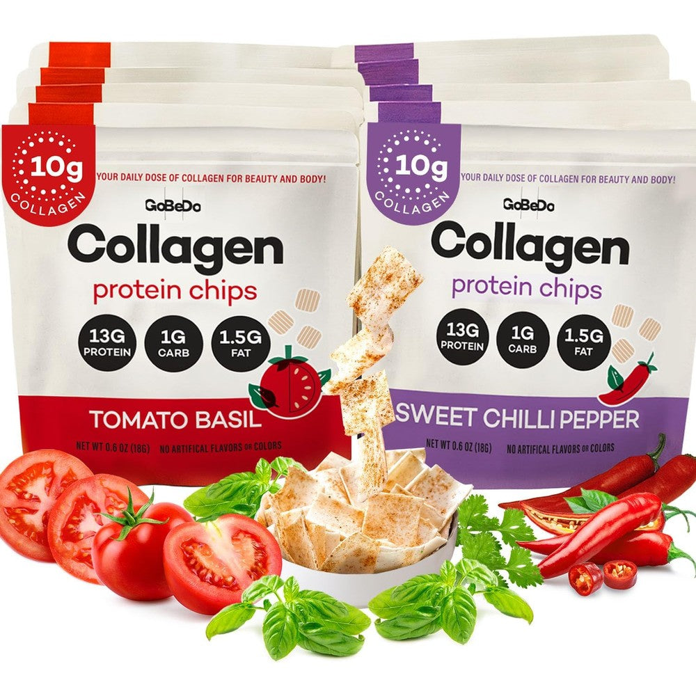 GoBeDo Collagen Protein Chips front packaging variety pack.
