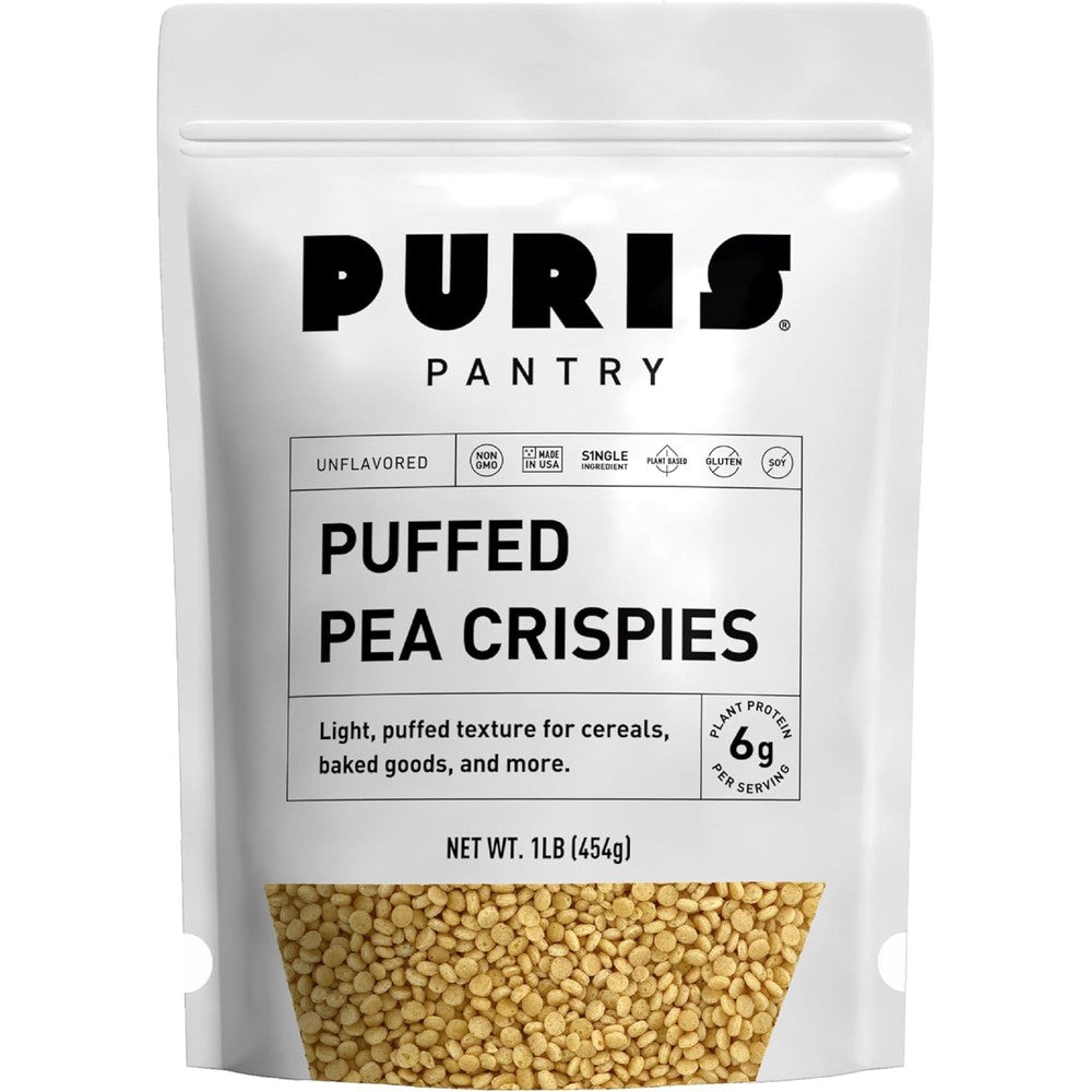 PURIS Puffed Pea Crispies 1 pound bag front view plant-based protein.