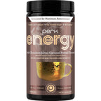 Perk Energy Original Dark Chocolate Salted Caramel Pretzel tub front view for healthy energy.