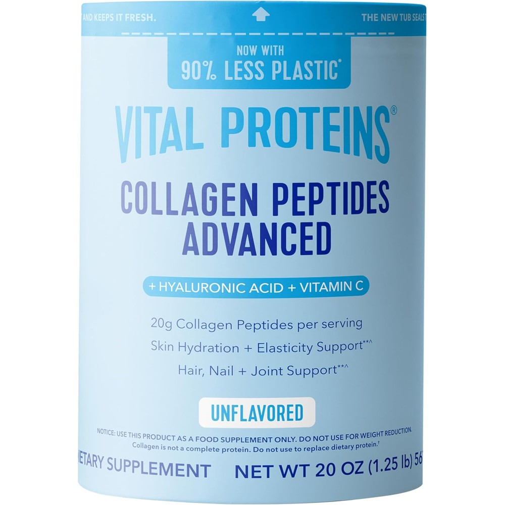 Vital Proteins Advanced Collagen Peptides front view of twenty ounce unflavored powder tub