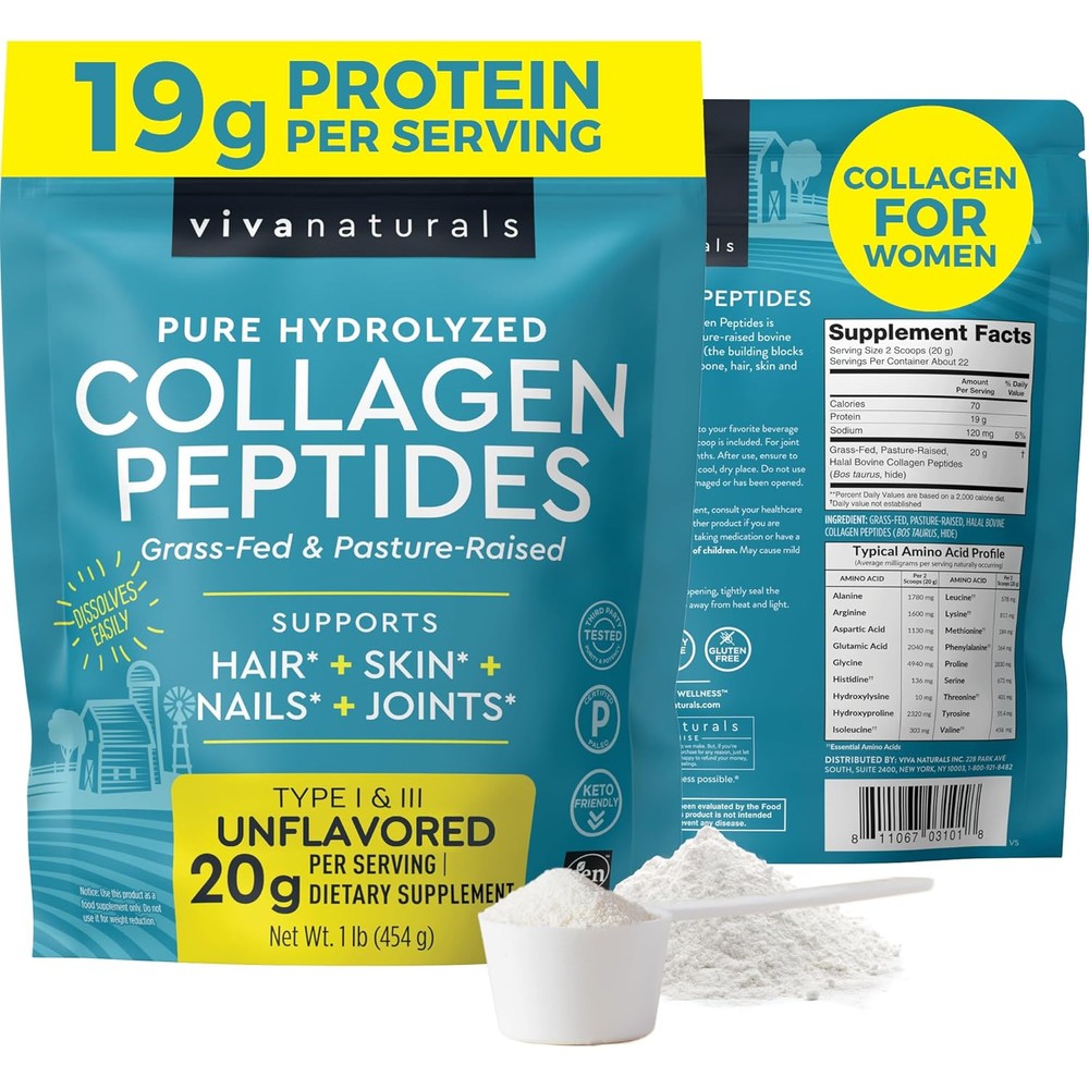 Viva Naturals Collagen Peptides 1lb Powder front view container on a solid studio background showcasing clean label design.