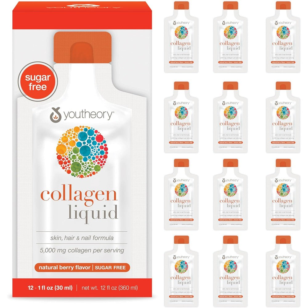 Youtheory liquid collagen peptides packets front view showing twelve berry flavor tubes for skin hair and nails.