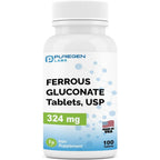Puregen Labs Ferrous Gluconate 324mg front view bottle showing 100 tablets gentle iron supplement.
