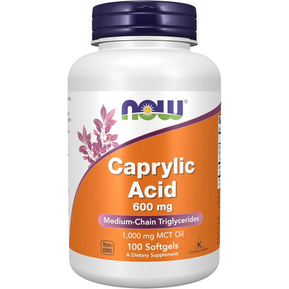 NOW Foods Caprylic Acid 600 mg 100 Softgels bottle front view for digestive health support.