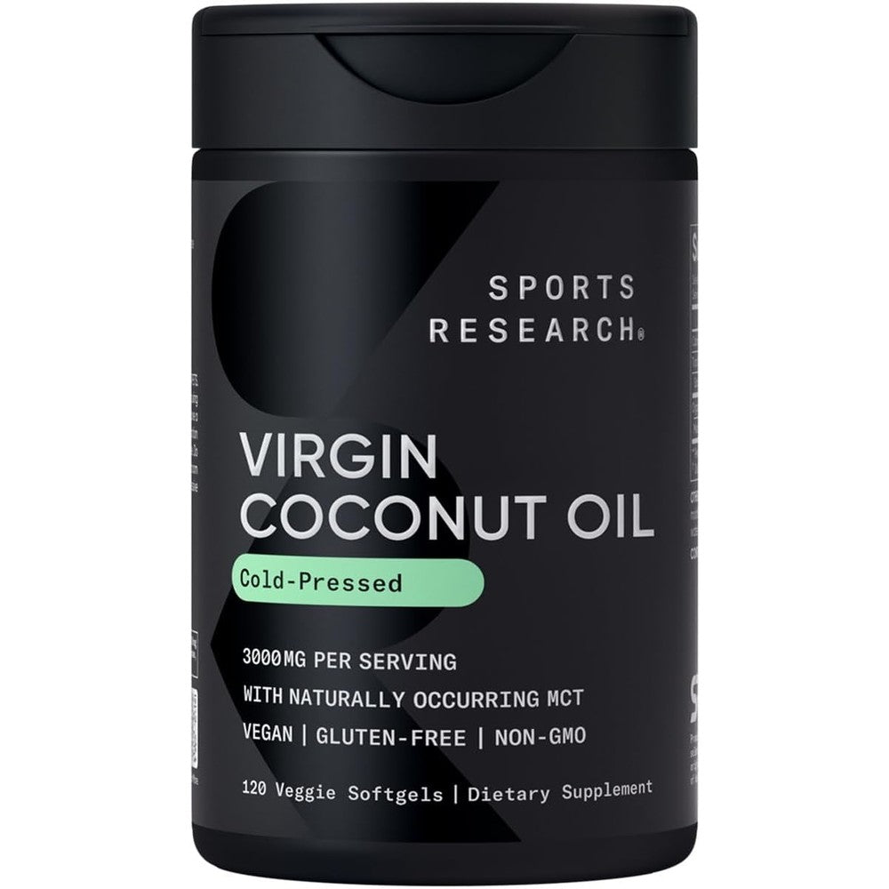 Sports Research Organic Coconut Oil 3000mg 120 Veggie Softgels front view bottle