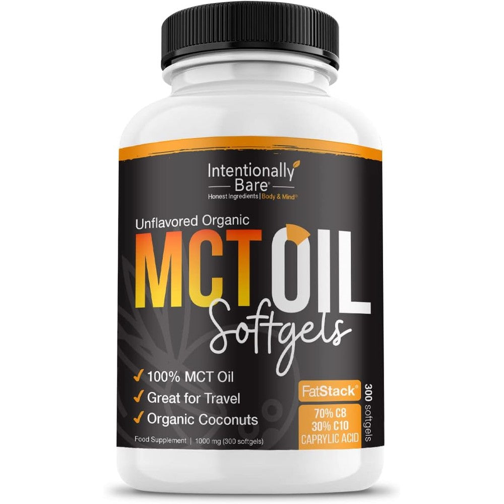 Intentionally Bare Organic MCT Oil Capsules front view bottle for keto diet energy.