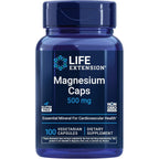 Life Extension Magnesium Caps 500 mg front view bottle showing 100 vegetarian capsules for dietary supplement needs.