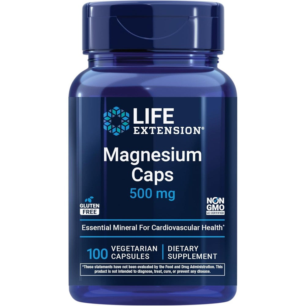 Life Extension Magnesium Caps 500 mg front view bottle showing 100 vegetarian capsules for dietary supplement needs.