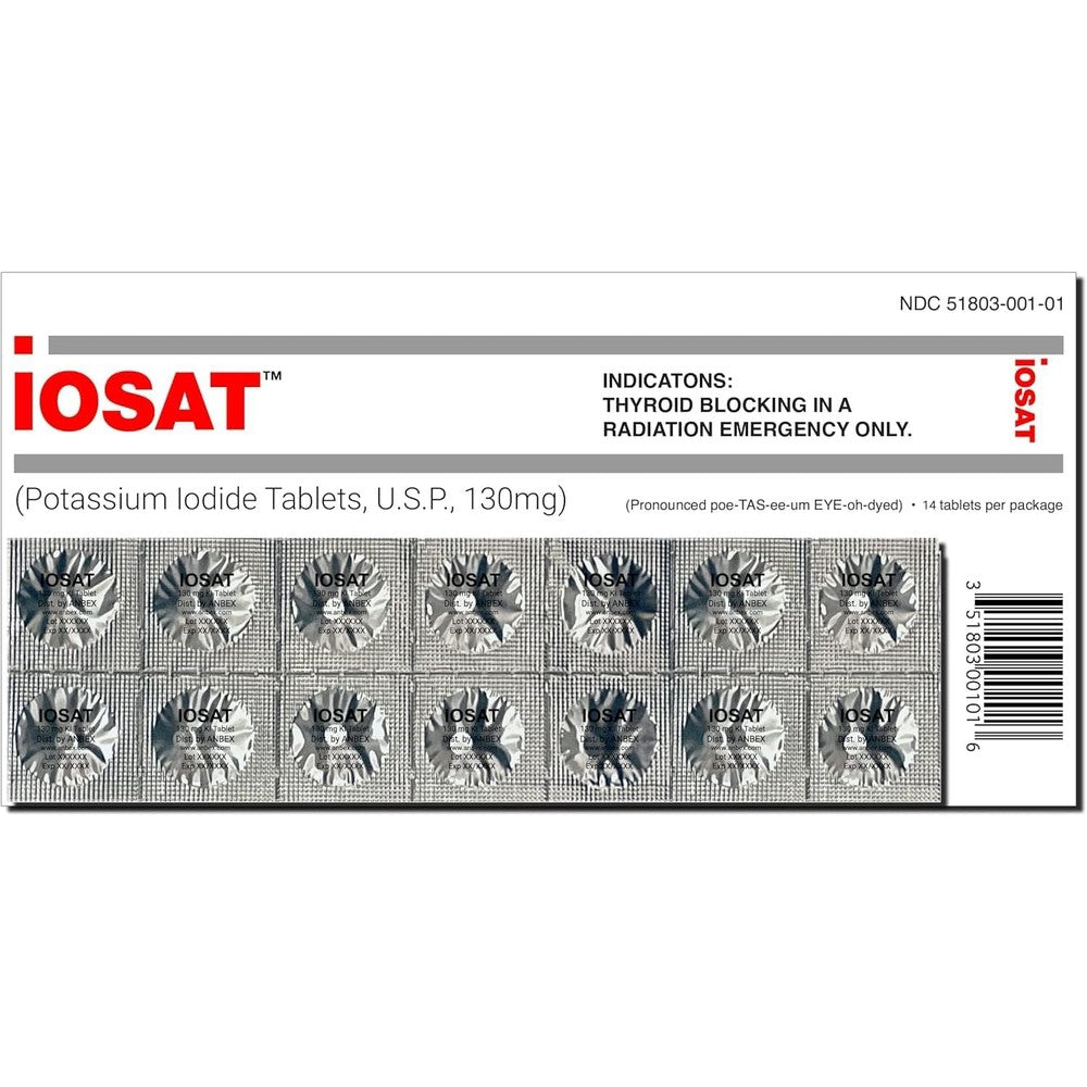 Anbex Iosat potassium iodide emergency tablets front packaging view showing fourteen count blister pack details