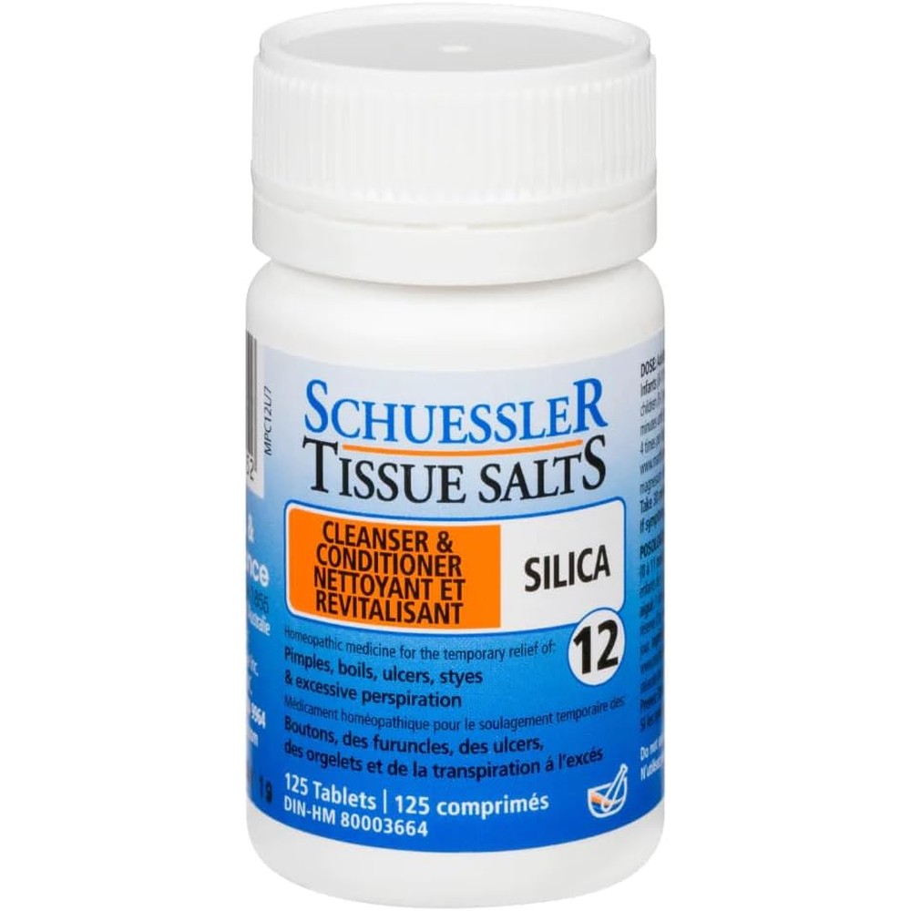 Schuessler Tissue Salts Silica 6X 100 tablets front view showing cleanser and conditioner packaging details.