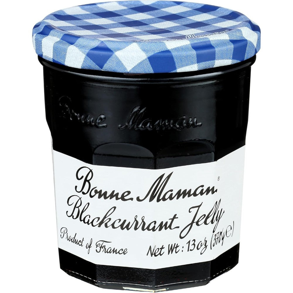 Bonne Maman Black Currant Natural Jelly Fruit Preserves 13 ounce front view showing signature glass jar and red gingham lid