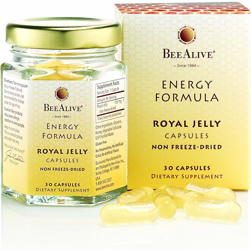BeeAlive Royal Jelly Energy Formula front view bottle of authentic natural energy supplement