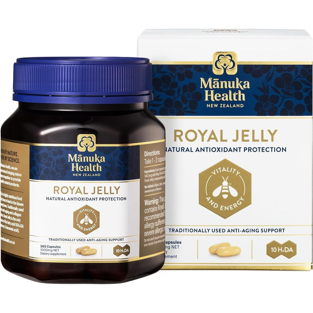 Manuka Health Royal Jelly 1000mg front view showing premium anti aging supplement bottle.