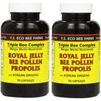 YS Eco Bee Farms Royal Jelly Bee Pollen Propolis 2 pack front view showing organic supplement bottles